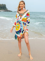 Women's Fringe V-Neck Three-Quarter Multi-colored Sleeve Cover Up Swim wear