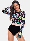 Women's Flower Round Neck Long Sleeve One-Piece Rash guard Swim suit