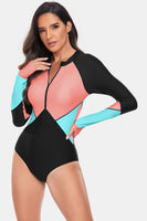 Women's Color Block Half Zip Long Sleeve One-Piece Rash guard Swim suit Swimwear