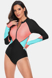 Women's Color Block Half Zip Long Sleeve One-Piece Rash guard Swim suit Swimwear