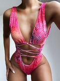 Women's Lace-Up Backless Plunge Bikini One-Piece Swim suit Swimwear