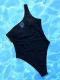 Women's One-Shoulder Sleeveless Bikini One-Piece Swimsuit in Black