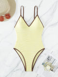 Women's Light Yellow Textured V-Neck Spaghetti Strap One-Piece Bikini Swim suit - World Class Depot Inc