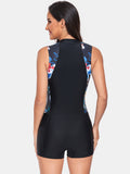 Women's Black and Floral Pattern Zip Up Sleeveless One-Piece rash guard bikini Swim suit
