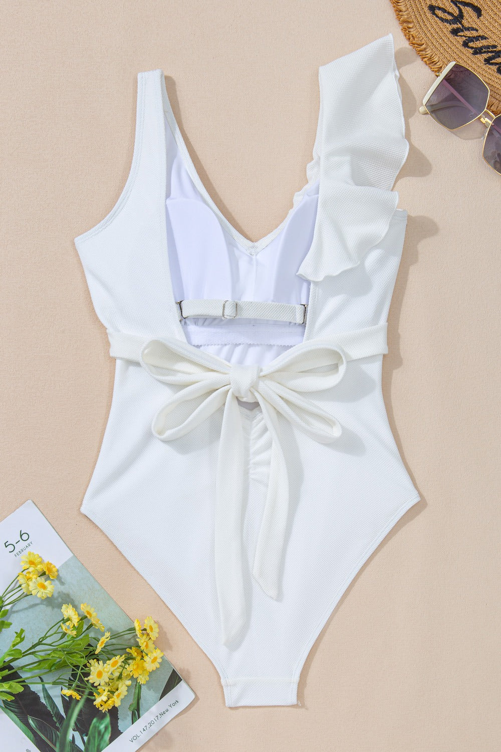 Women's White Ruffled V-Neck Wide Strap One-Piece Bikini Swim suit