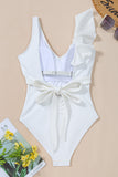 Women's White Ruffled V-Neck Wide Strap One-Piece Bikini Swim suit