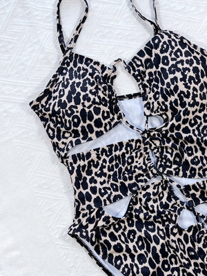 Women's Leopard Cutout Tied One-Piece Bikini Swimsuit