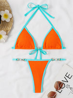 Women's Textured Contrast Halter Neck Two-Piece Bikini  Swim suit Set