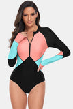 Women's Color Block Half Zip Long Sleeve One-Piece Rash guard Swim suit Swimwear