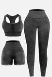 Women's 3 Piece Washed Square Neck Wide Strap Sports Bra and yoga pants leggings and shorts Active Set