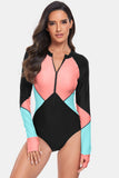 Women's Color Block Half Zip Long Sleeve One-Piece Rash guard Swim suit Swimwear