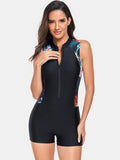 Women's Black and Floral Pattern Zip Up Sleeveless One-Piece rash guard bikini Swim suit