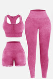 Women's 3 Piece Washed Square Neck Wide Strap Sports Bra and yoga pants leggings and shorts Active Set