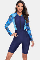 Women's Printed Half Zip Long Sleeve One-Piece Rash guard Bikini Swim suit