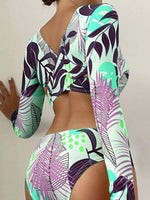 Women's Floral Crisscross Round Neck Long Sleeve Rash Guard Bikini Swim suit