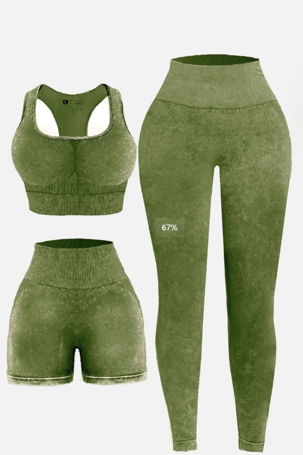 Women's 3 Piece Washed Square Neck Wide Strap Sports Bra and yoga pants leggings and shorts Active Set