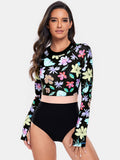 Women's Flower Round Neck Long Sleeve One-Piece Rash guard Swim suit