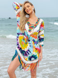 Women's Fringe V-Neck Three-Quarter Multi-colored Sleeve Cover Up Swim wear