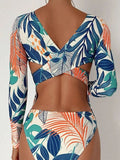 Women's Floral Crisscross Round Neck Long Sleeve Rash Guard Bikini Swim suit