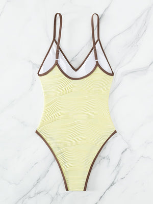 Women's Light Yellow Textured V-Neck Spaghetti Strap One-Piece Bikini Swim suit - World Class Depot Inc