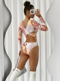 Women's Floral Crisscross Round Neck Long Sleeve Rash Guard Bikini Swim suit