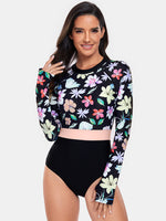 Women's Flower Round Neck Long Sleeve One-Piece Rash guard Swim suit