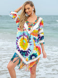 Women's Fringe V-Neck Three-Quarter Multi-colored Sleeve Cover Up Swim wear