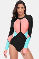 Women's Color Block Half Zip Long Sleeve One-Piece Rash guard Swim suit Swimwear