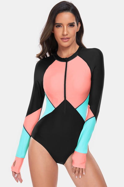 Women's Color Block Half Zip Long Sleeve One-Piece Rash guard Swim suit Swimwear