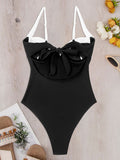 Women's Black and White Tied Adjustable Strap One-Piece Bikini Swim suit