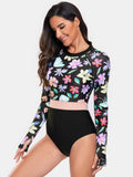 Women's Flower Round Neck Long Sleeve One-Piece Rash guard Swim suit