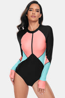 Women's Color Block Half Zip Long Sleeve One-Piece Rash guard Swim suit Swimwear