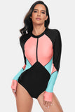 Women's Color Block Half Zip Long Sleeve One-Piece Rash guard Swim suit Swimwear