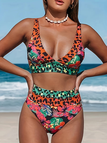 Women's Leopard Plunge Wide Strap Two-Piece Bikini Swim suit Set