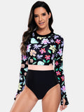 Women's Flower Round Neck Long Sleeve One-Piece Rash guard Swim suit