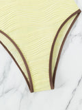 Women's Light Yellow Textured V-Neck Spaghetti Strap One-Piece Bikini Swim suit - World Class Depot Inc