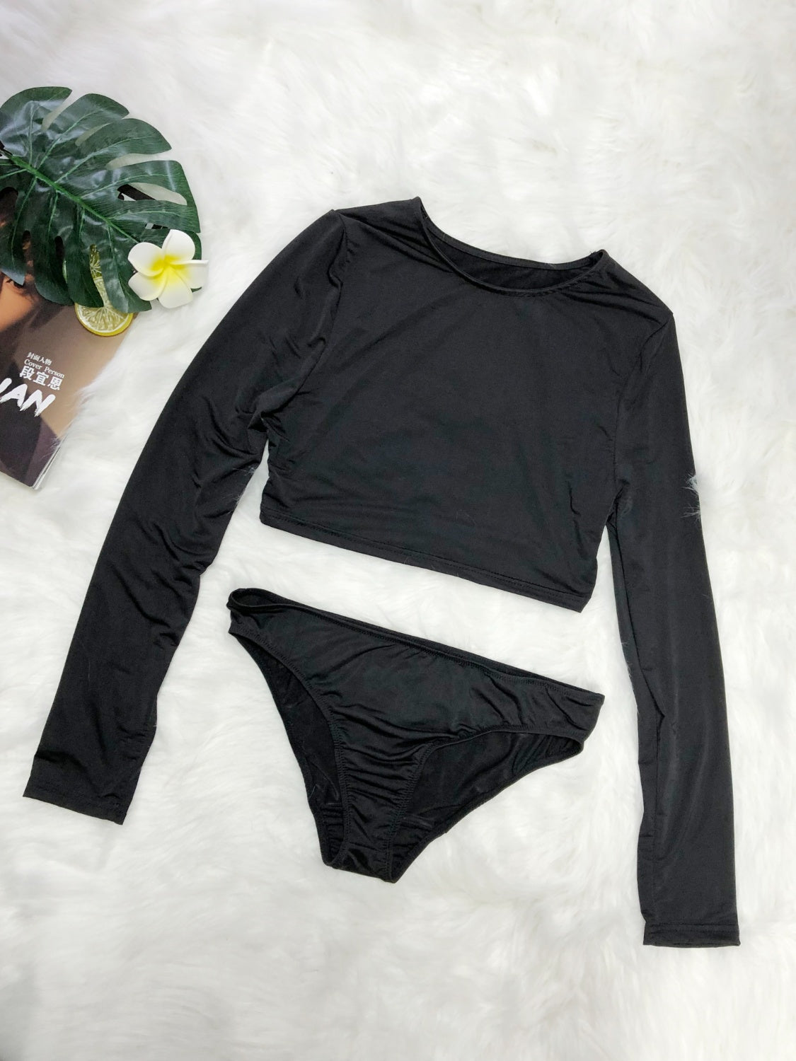 Women's Black Round Neck Long Sleeve Rash guard Top and bikini Swim suit Set