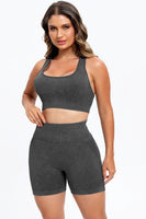 Women's 3 Piece Washed Square Neck Wide Strap Sports Bra and yoga pants leggings and shorts Active Set