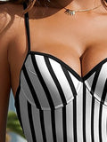 Women's Black and White Striped Spaghetti Strap One-Piece Bikini Swim suit - World Class Depot Inc