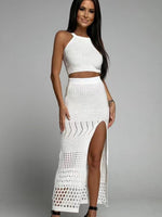 Women's Round Neck Top and Slit Skirt dress Beach Cover Up Swim wear Set