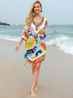 Women's Fringe V-Neck Three-Quarter Multi-colored Sleeve Cover Up Swim wear