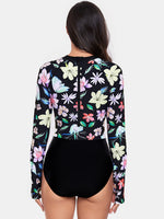 Women's Flower Round Neck Long Sleeve One-Piece Rash guard Swim suit