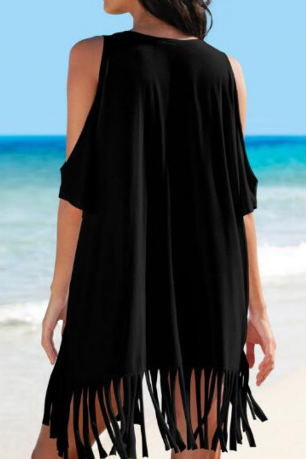 Women's Take me to the Beach Fringe V-Neck Cold Shoulder Bikini or  Swim suit Cover-Up - World Class Depot Inc