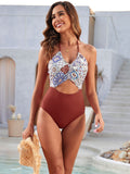 Women's Sassy Cutout Printed Halter Neck One-Piece Bikini Swim suit