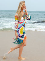 Women's Fringe V-Neck Three-Quarter Multi-colored Sleeve Cover Up Swim wear