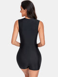Women's Black Zip Up Round Neck Sleeveless One-Piece Swim suit