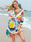 Women's Fringe V-Neck Three-Quarter Multi-colored Sleeve Cover Up Swim wear