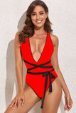 Women's Contrast Tie-Waist Plunge One-Piece Bikini Swimsuit