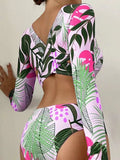 Women's Floral Crisscross Round Neck Long Sleeve Rash Guard Bikini Swim suit
