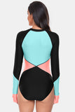 Women's Color Block Half Zip Long Sleeve One-Piece Rash guard Swim suit Swimwear